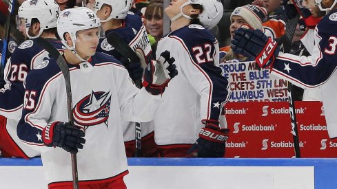 Markus Nutivaara celebrates a goal for the Columbus Blue Jackets. 