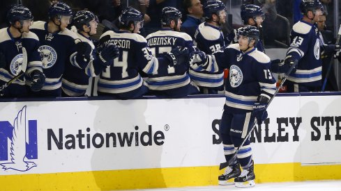 Columbus Blue Jackets forward Cam Atkinson, sporting the club's alternate sweaters.