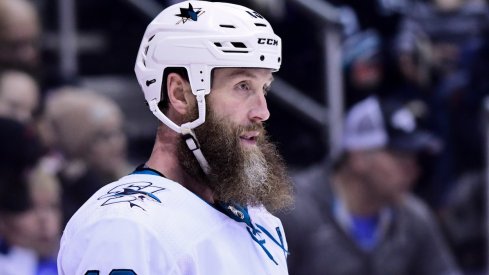 Center Joe Thornton waits for play to start during the 2017-18 season