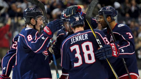 Blue Jackets celebrate a goal against the Washington Capitals in the first round of the Stanley Cup playoffs at Nationwide Arena.