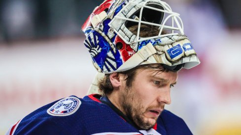 Columbus Blue Jackets goaltender Sergei Bobrovsky prepares for a start during warm-ups at the Scotiabank Saddledome.