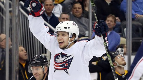 Columbus Blue Jackets forward Artemi Panarin celebrates a goal against the Pittsburgh Penguins.