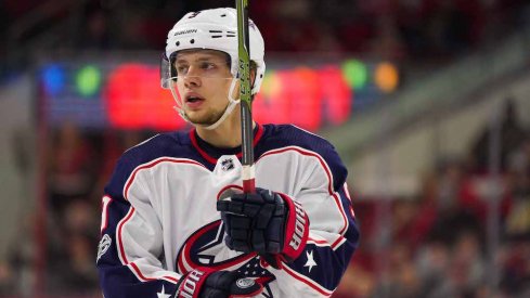 Columbus Blue Jackets forward Artemi Panarin looks on during play against the Carolina Hurricanes at PNC Arena.
