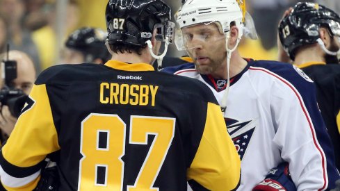 Jack Johnson and Sidney Crosby, soon-to-be teammates, shake hands after their first-round series in the 2017 Stanley Cup playoffs.