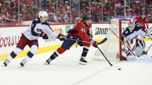 Zach Werenski tracks down Tom Wilson during the 2018 Stanley Cup Playoffs