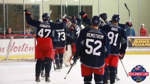 Emil Bemstrom celebrates with his team at Blue Jackets Development Camp.