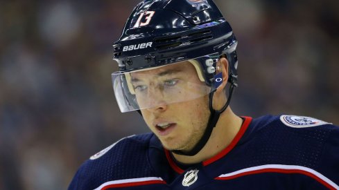 Columbus Blue Jackets forward Cam Atkinson takes a rest between whistles during a game at Nationwide Arena.