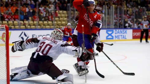 Elvis Merzlikins making a save against Norway at the 2018 IIHF World Hockey Championships