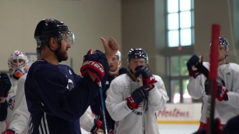 Blue Jackets captain Nick Foligno addresses his teammates during an informal practice in Columbus.