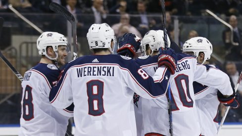 The Blue Jackets celebrate a goal against the New York Rangers at Madison Square Garden.