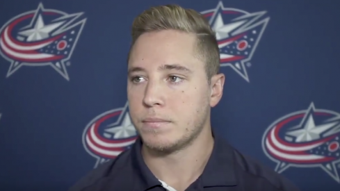 Blue Jackets forward Cam Atkinson addresses the media at Nationwide Arena.