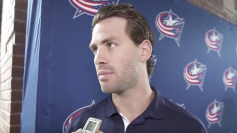 Blue Jackets forward Boone Jenner speaks to the media during Media Day at Nationwide Arena.