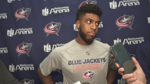 Blue Jackets forward Anthony Duclair speaks to reporters at Nationwide Arena during training camp.