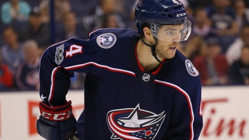 Columbus Blue Jackets defenseman Scott Harrington skates during a game at Nationwide Arena.