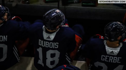 Blue Jackets center Pierre-Luc Dubois awaits his turn during a training camp scrimmage at the OhioHealth Ice Haus.