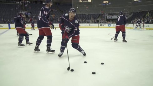 Columbus Blue Jackets prospect Vitaly Abramov works on his stickhandling before preseason action at Nationwide Arena.