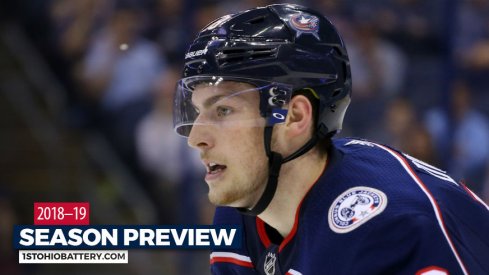 Pierre-Luc Dubois waits for the puck to drop during a game at Nationwide Arena