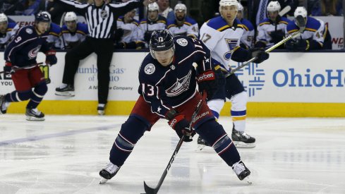 Columbus Blue Jackets forward Cam Atkinson skates with the puck against the St. Louis Blues at Nationwide Arena.