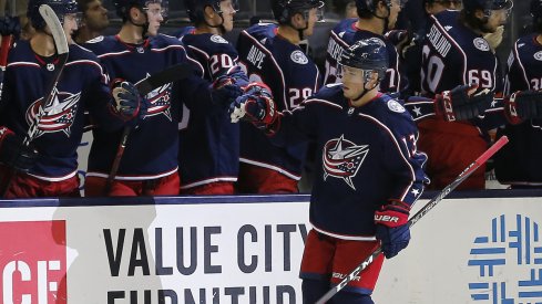 Columbus Blue Jackets forward Cam Atkinson celebrates a goal scored against the St. Louis Blues at Nationwide Arena.