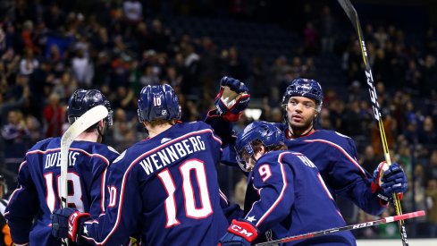 The Columbus Blue Jackets celebrate a power play goal scored at Nationwide Arena.