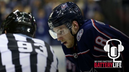Columbus Blue Jackets center Pierre-Luc Dubois prepares for a face-off against the Washington Capitals at Nationwide Arena.