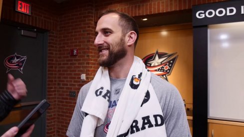 Columbus Blue Jackets captain Nick Foligno speaks to media after a training camp practice at Nationwide Arena.