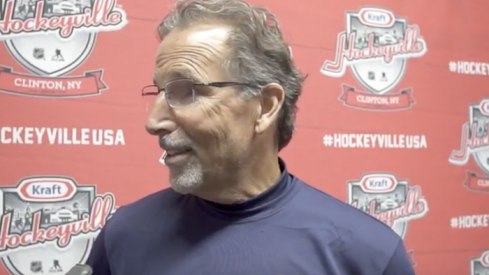 Columbus Blue Jackets head coach John Tortorella addresses reporters prior to the Kraft Hockeyville game in Clinton, NY.