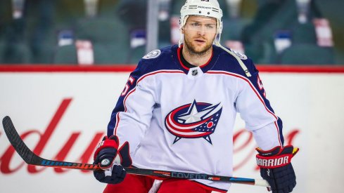 Columbus Blue Jackets center Mark Letestu skates during warm-ups at Scotiabank Saddledome in Calgary, Alberta.