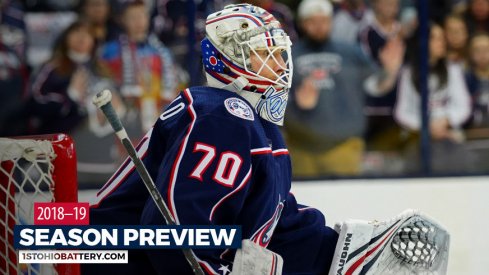 Columbus Blue Jackets goaltender Joonas Korpisalo warms up before Game 3 of the 2018 Stanley Cup playoffs at Nationwide Arena.