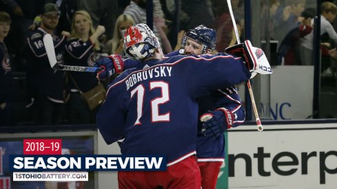 Columbus Blue Jackets captain Nick Foligno embraces goaltender Sergei Bobrovsky after a preseason victory over the Pittsburgh Penguins at Nationwide Arena.