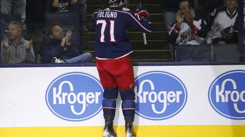 Nick Foligno celebrates his opening goal of the game against the Colorado Avalanche