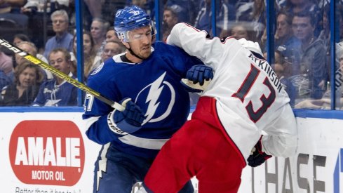 Lightning defenseman Ryan McDonagh throws a big hit on Blue Jackets forward Cam Atkinson