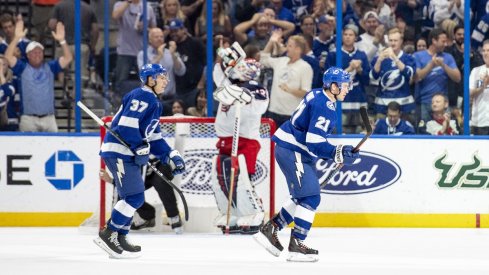 Columbus Blue Jackets goaltender Sergei Bobrovsky takes a break after giving up a power play goal against the Tampa Bay Lightning.