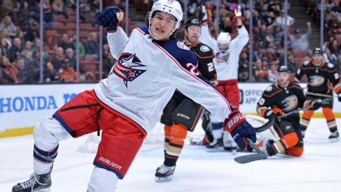 Columbus Blue Jackets forward Sonny Milano celebrates after scoring a goal against the Anaheim Ducks at Honda Center.