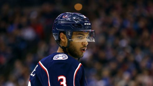 Columbus Blue Jackets defenseman Seth Jones looks on during a game against the New York Rangers at Nationwide Arena in Columbus, Ohio.