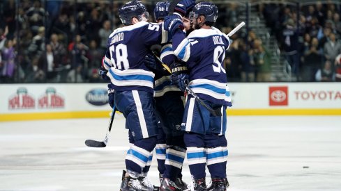 The Columbus Blue Jackets celebrate a second period goal by Anthony Duclair in a game against the Philadelphia Flyers at Nationwide Arena.