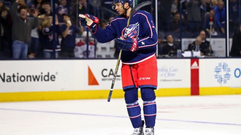 Columbus Blue Jackets defenseman Seth Jones celebrates a power play goal against the Montreal Canadiens at Nationwide Arena.