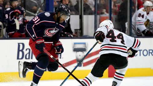 Anthony Duclair skates for the Columbus Blue Jackets against the Chicago Blackhawks