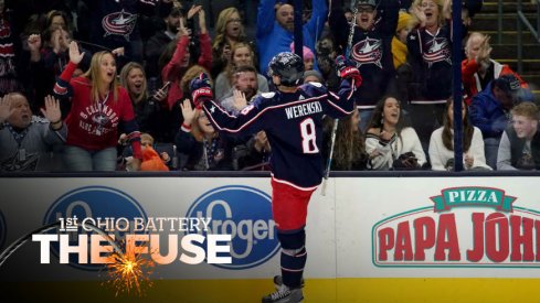 Columbus Blue Jackets defenseman Zach Werenski celebrates a first period goal against the Chicago Blackhawks at Nationwide Arena.