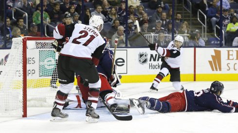 Columbus Blue Jackets defenseman David Savard and goaltender Sergei Bobrovsky combine to stop an Arizona Coyotes power play at Nationwide Arena.