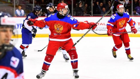 Kirill Marchenko celebrates a goal against Slovakia at the Under-18 World Championships