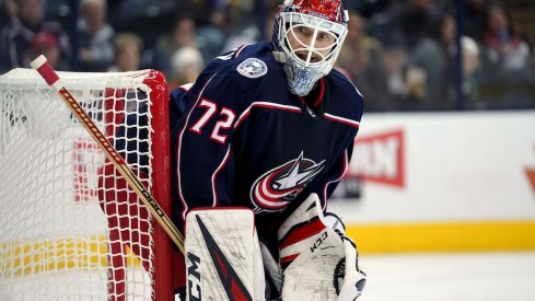Columbus Blue Jackets goaltender Sergei Bobrovsky looks on during a game against the Arizona Coyotes at Nationwide Arena.