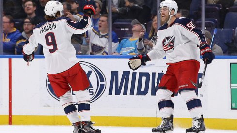 Columbus Blue Jackets forward Artemi Panarin celebrates a second period goal by David Savard at Enterprise Center in St. Louis.