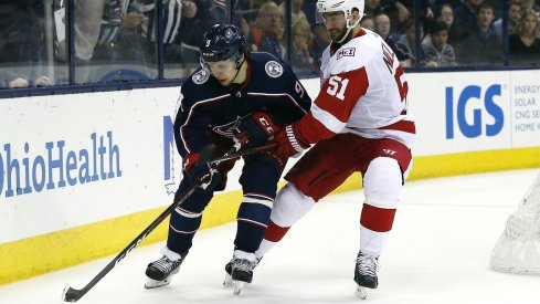 Artemi Panarin carries the puck against the Detroit Red Wings