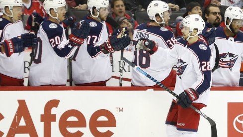 Oliver Bjorkstrand celebrates his power play goal, as the Blue Jackets defeated the defending Stanley Cup champion Washington Capitals 2-1