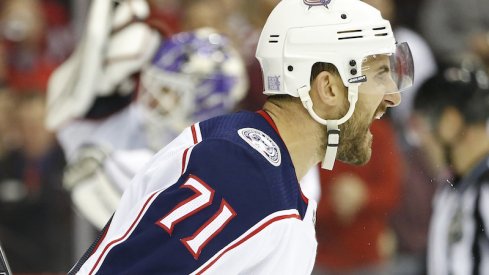 Columbus Blue Jackets captain Nick Foligno celebrates a power play goal scored against the Washington Capitals.