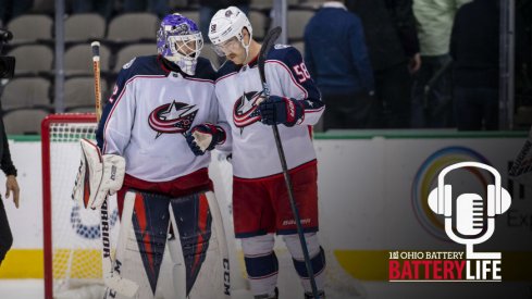 Sergei Bobrovsky and David Savard talk after a hard fought win against the Dallas Stars.