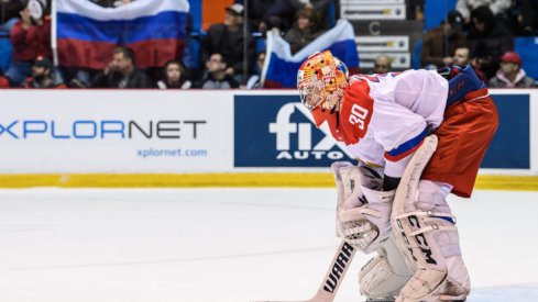 Daniil Tarasov prepares for Team QMJHL in Game 6 in the 2018 Canada-Russia Series 