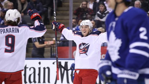 Columbus Blue Jackets forward Cam Atkinson celebrates a first period goal against the Toronto Maple Leafs at Scotiabank Arena.