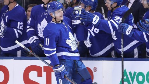 Toronto's Zach Hyman celebrates his game winning goal against the Columbus Blue Jackets on 11/19/2018.